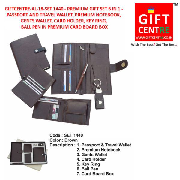 GIFTCENTRE-AL-18-SET 1440 – PREMIUM GIFT SET 6 IN 1 – PASSPORT AND TRAVEL WALLET, PREMUM NOTEBOOK, GENTS WALLET, CARD HOLDER, KEY RING, BALL PEN IN PREMIUM CARD BOARD BOX
